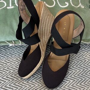 Kelly & Katie Black Espadrille Wedge Sandals with Tan Jute Heel